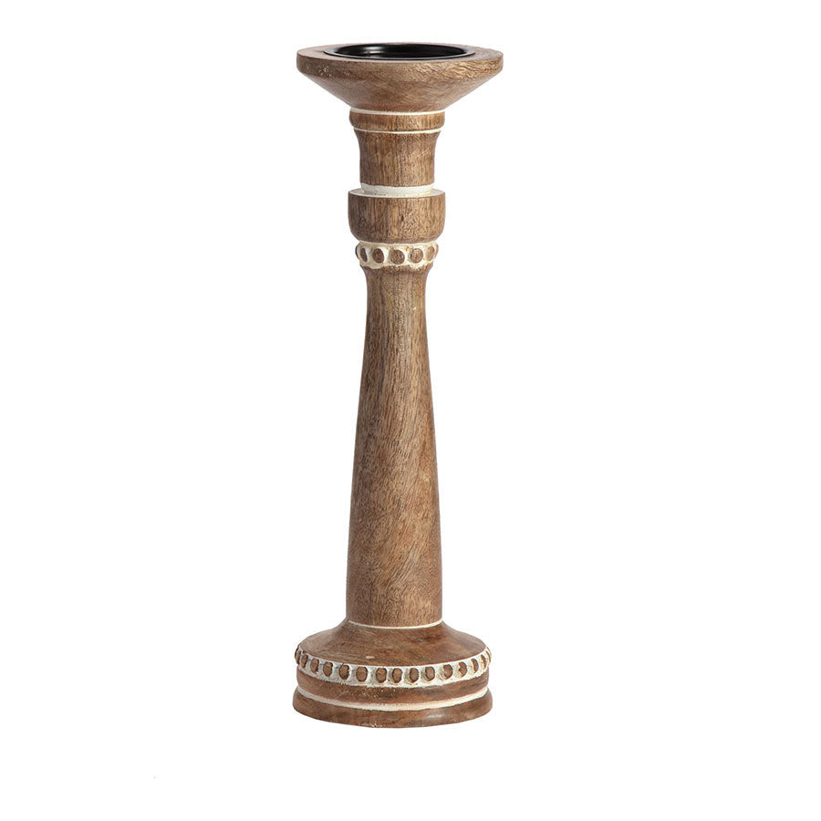 Handcrafted Carved Mango Wood Pillar Candlestick 40.5cm