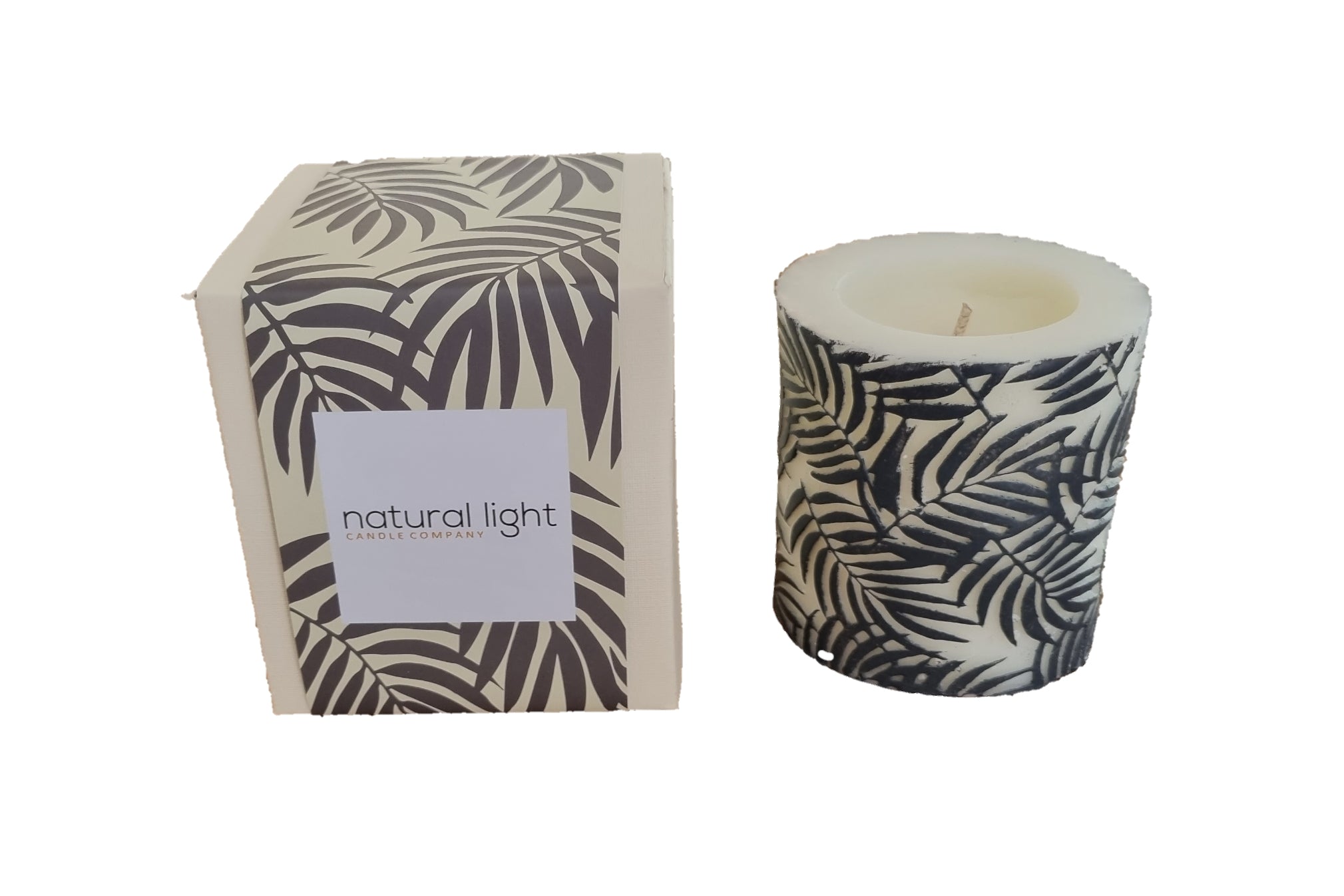 Palm Leaf 3" Pillar Wh/Char Lemon Grass