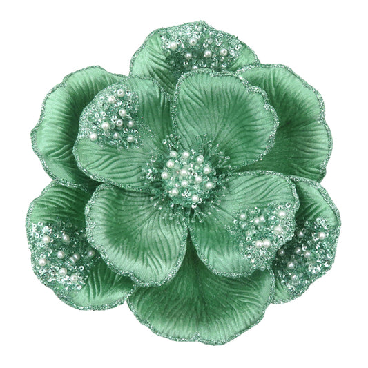 Dark Mint Beaded Magnolia Clip on