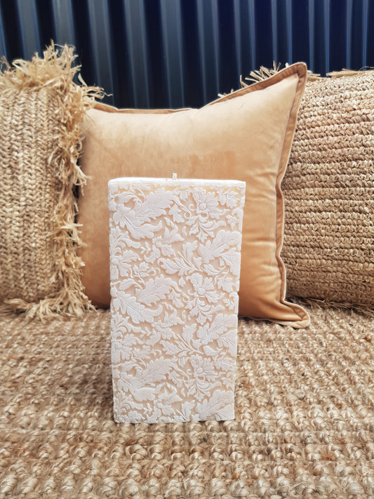 Damask Leaf 10" Square Pillar Ivory/White